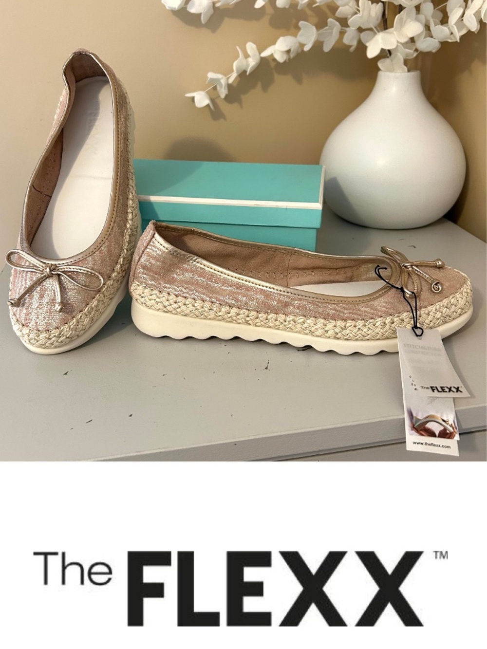 NWT The FLEXX Chaplet Leather and Espadrille Ballet Flats Rose Gold Size 8